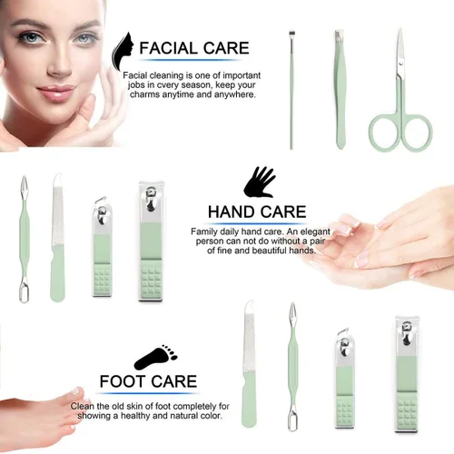 Miniatura 3 de Juego de manicura para hombres y mujeres, juego de cortaúñas de acero inoxidable 8 en 1, herramientas de cuidado personal con estuche de viaje Verde