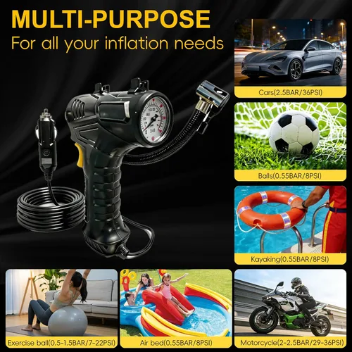Miniatura 6 de Compresor de aire portátil, inflador de neumáticos de 12V DC Medidor de presión digital, 150 PSI, luz LED, coche, motocicleta, bicicleta, anillo