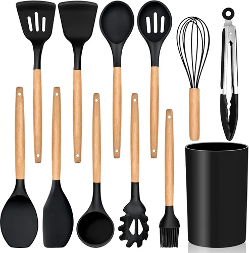 E-far - Juego de 12 utensilios de cocina de silicona con soporte, antiadherentes y resistentes al calor, incluye espátula, pinzas, cucharón, Negro