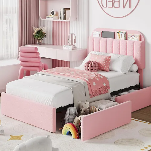 Miniatura 17 de IDEALHOUSE Base de cama individual para niños, cama plataforma tapizada con botones para niños/niñas con 2 cajones flexibles, cabecero tipo