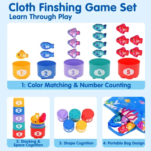 Miniatura 8 de Arovan Juguetes Montessori para niños de 1 año, juego de pesca de tela con tazas apilables, juguetes para niños de un año, regalo de primer