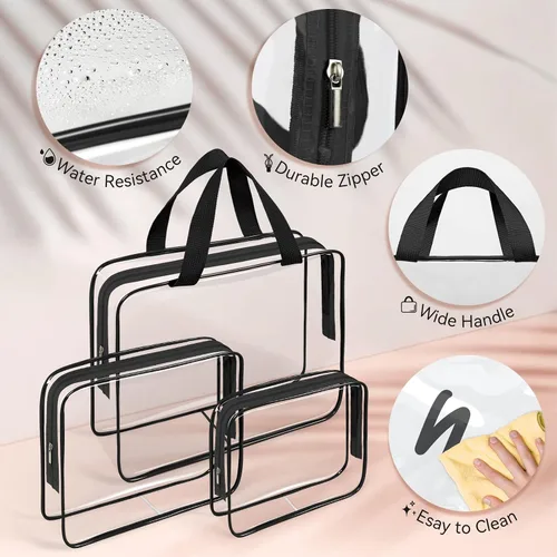 Miniatura 6 de TISRATOK Neceser de maquillaje transparente de viaje de 10 piezas, plástico PVC cosmético aprobado por la TSA Kit organizador con bolso con Negro