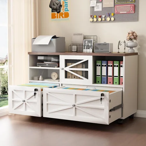 Miniatura 10 de Semoic Archivador de 2 cajones con cerradura, archivador lateral móvil para tamaño carta/legal/A4, estante ajustable de almacenamiento abierto