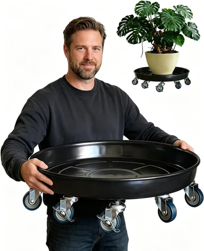 Miniatura 10 de Organizador de macetas con ruedas (capacidad de 430 libras), soporte de metal resistente con ruedas de freno, bandeja para plantas para interiores