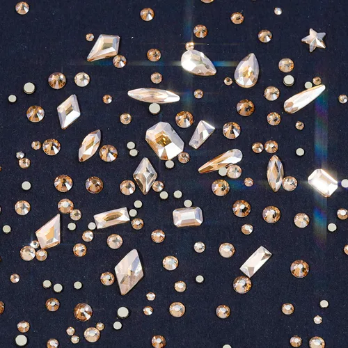 Miniatura 5 de Diamantes de imitación para uñas, 4300 unidades, oro champán, gemas de múltiples formas, diamantes de imitación de parte trasera plana, con kit
