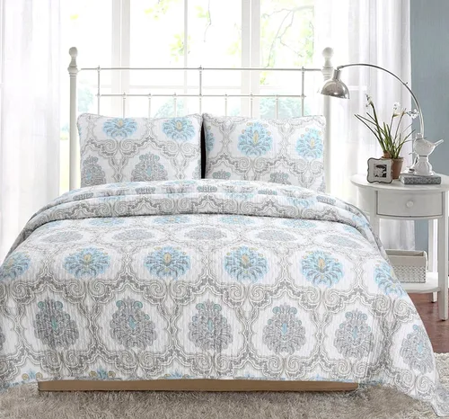 Miniatura 18 de Cozy Line Home Fashions Nina Trista Flowers - Juego de ropa de cama reversible 100% algodón con cinta azul aguamarina, estampado floral gris, colcha