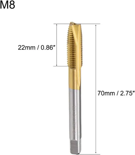 Miniatura 2 de uxcell Tapón de punta en espiral roscado M8 x 1 rosca, roscas de tierra H2 3 flautas, acero de alta velocidad HSS 6542, recubierto de titanio