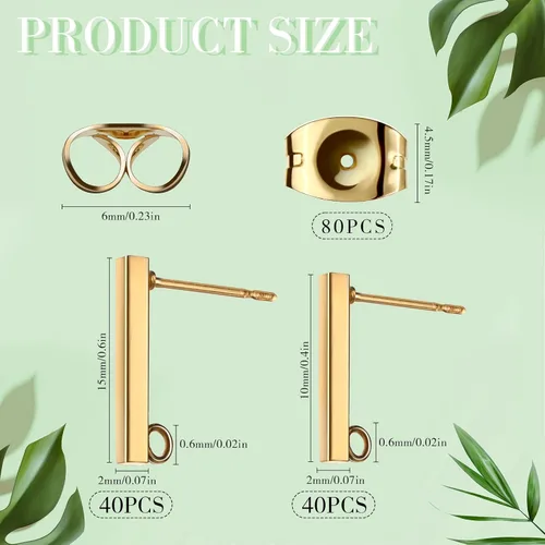 Miniatura 2 de Hinly 80 aretes de acero inoxidable con bucle, 80 piezas de barra de tuerca de oreja, poste perforado para hacer joyas de bricolaje, 2 tamaños Dorado