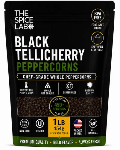 The Spice Lab Granos de Pimienta Negra Tellicherry para Molinillo Empacados en EE.UU. - Esterilizados al Vapor Kosher Sin OGM Totalmente Natural