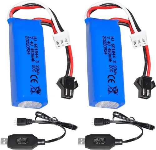 Paquete de 2 baterías de iones de litio de 7.4 V 450 mAh 20C RC para WLtoys K969 K979 K989 K999 P929 P939 RC Car RC Boat con junta SM-2P y cable de