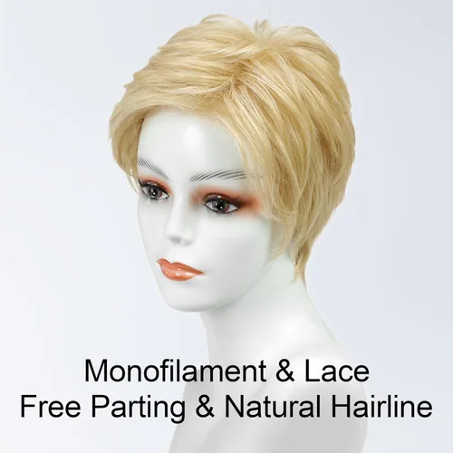 Miniatura 5 de HAIRCUBE Pelucas rubias de corte Pixie para mujer, estilo ondulado natural, peluca de encaje sintético resistente al calor con parte superior