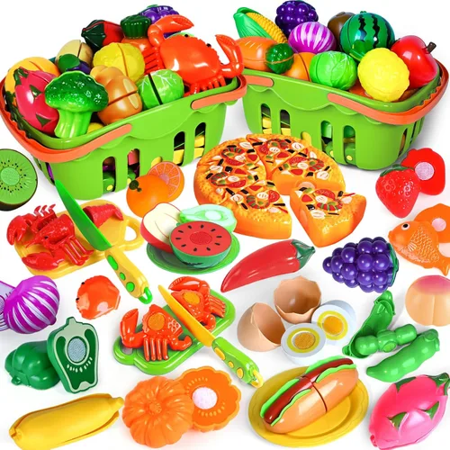 Miniatura 9 de 100 PIEZAS Juguetes de Comida para Cortar para Cocina Infantil, Juguetes de Comida de Simulación para Niños Pequeños, Accesorios de Juguetes de Azul