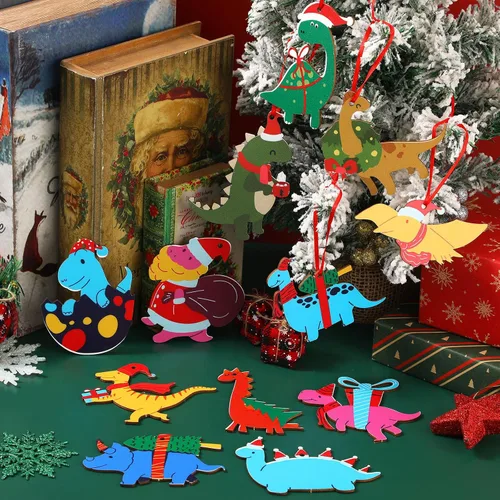 Miniatura 5 de 48 piezas de adorno de dinosaurio de Navidad para niños, adornos de dinosaurio de madera, figuras de dinosaurio, adorno colgante de madera