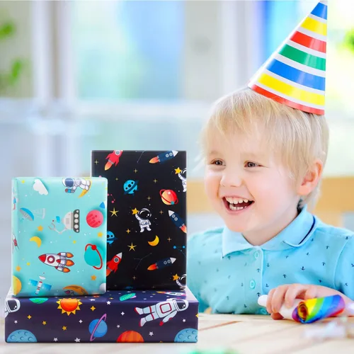 Miniatura 4 de Papel de regalo de cumpleaños para niños, niñas, niños, mujeres y hombres, papel de regalo con diseño de espacio exterior, 3 diseños, 9 hojas