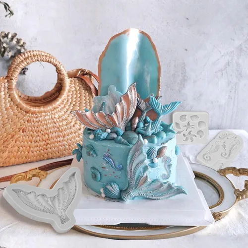 Miniatura 7 de Beasea Molde de fondant para pastel de sirena, 3 piezas de caballito de mar, estrella de mar, cola de sirena, molde de silicona para conchas
