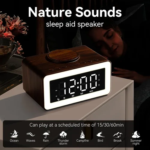 Miniatura 6 de Reloj despertador de madera con altavoz Bluetooth con carga inalámbrica, atenuador de brillo ajustable 0-100%, 2 alarmas, repetición de 9 minutos