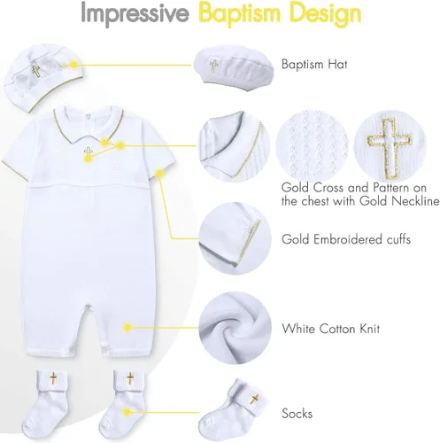 Miniatura 4 de HAPIU Traje de bautismo para bebé niño con sombrero y calcetines, traje de bautizo con detalle de cruz