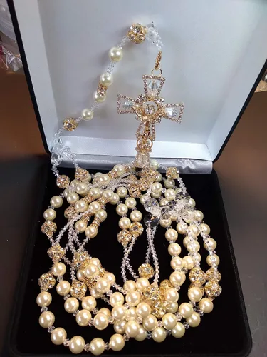 Miniatura 4 de Aeiniweraabbcc SPPRANDOM J.G Wedding LassoLasso para boda de Perla fina Color Marfil y rhigestone Color oro Lazo con Cruz catolica y cristales Lazo