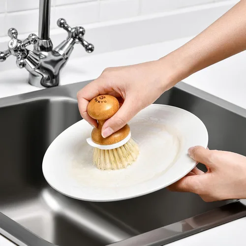 Miniatura 6 de SUBEKYU Cepillo para platos, juego de cepillos de bambú con bandeja, cepillo de cocina natural para lavar platos/sartenes/ollas, raspador 2