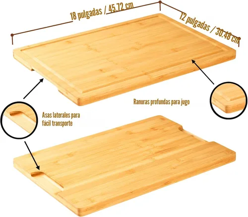 Miniatura 4 de Tabla de cortar de bambú para cocina, tabla grande de madera de 18" para embutidos y queso, bloque de cortar de madera con asas laterales y ranuras