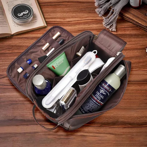 Miniatura 2 de Polare - Neceser de viaje de cuero de grano completo, kit de aseo Dopp, estuche de viaje grande para cosméticos, kit de afeitado con cremalleras YKK
