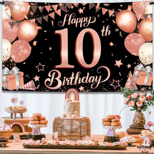Miniatura 6 de KatchOn Cartel de cumpleaños número 10 de oro rosa - XL, 72 x 44 pulgadas Telón de fondo de feliz cumpleaños 10