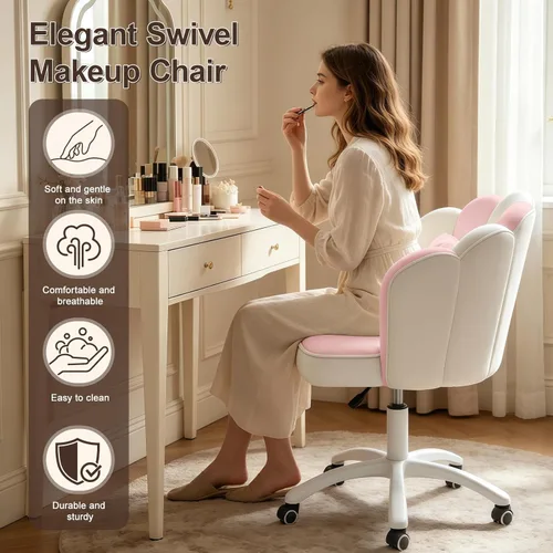 Miniatura 3 de Silla de escritorio Petal con cojín de lazo, silla de tocador de terciopelo con ruedas, silla de oficina tapizada para niñas y mujeres, sillas
