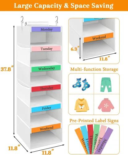 Miniatura 3 de punemi Organizador semanal de ropa para niños, 6 estantes colgantes con bolsillos laterales, diseño de días de la semana, 11.8 x 11.8 x 37.8