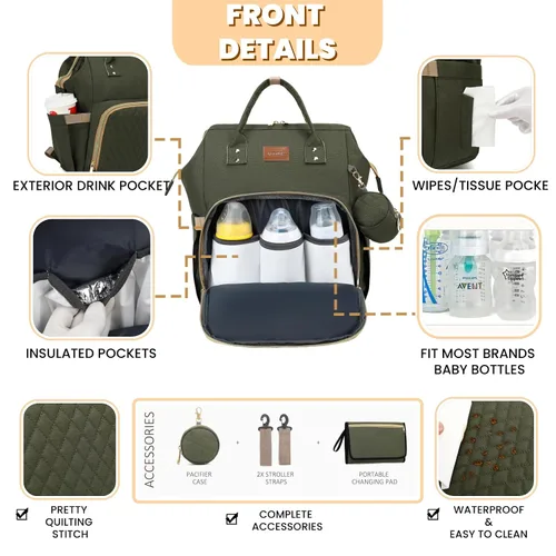 Miniatura 3 de ROSEGIN Mochila para pañales con cambiador, funda para chupete, bolsa de bebé para niños y niñas pequeños, grande, elegante, impermeable, bolsa