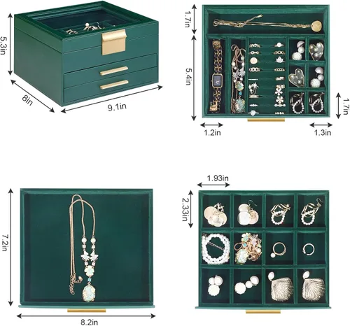 Miniatura 4 de Joyero organizador para mujer, 3 capas de piel sintética, caja de almacenamiento de joyas con tapa de cristal, regalo para personas, 3 cajones, gran
