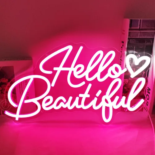 Miniatura 7 de SYLHOME Letrero de luz LED de neón con texto en inglés «Hello Beautiful» con diseño de corazón rosa Hello Gorgeous para dormitorio, boda, fiesta