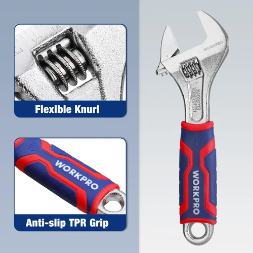 Miniatura 4 de WORKPRO Llave ajustable de 6 pulgadas, llave de apertura de mandíbula ancha con agarre antideslizante de goma, escalas métricas/SAE, acero Cr-V