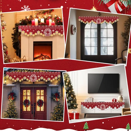 Miniatura 5 de Nuanchu Bufanda de mantel de Navidad de 96 x 18 pulgadas, bufanda roja iluminada para chimenea con decoración de corona de copo de nieve, cubierta