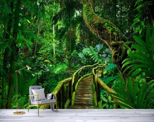 Miniatura 18 de YQWDMX - Papel pintado con bosque de pinos brumosos y mural dorado para dormitorio (no despegar y pegar)