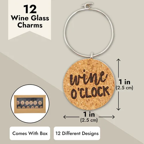 Miniatura 4 de Juvale Dijes de copa de vino, corcho circular de 1 pulgada, paquete de 12 unidades, dijes de vino para copas de tallo y decoración divertida