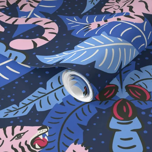 Miniatura 2 de Muestro de papel tapiz extraíble - Tiger Damask Pink Blue Jungle Tropical Papel pintado prepegado personalizado por Spoonflower