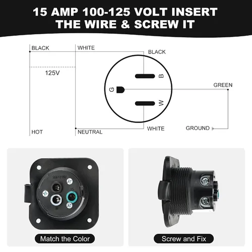 Miniatura 3 de Entrada con brida de 15 amperios, 125 V, enchufe de entrada de alimentación de orilla RV NEMA 5-15 con cubierta impermeable #2 poste de 3 cables