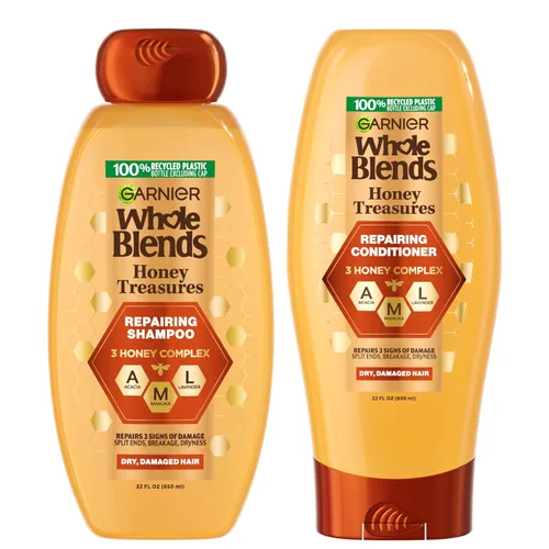 Garnier Whole Blends Honey Treasures - Juego de champú y acondicionador reparador para cabello seco y dañado, 22 onzas líquidas (2 artículos), 1 kit