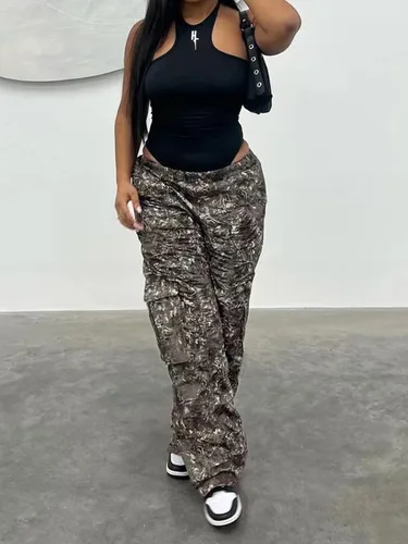 Miniatura 2 de Famnbro Womens Camouflage Cargo Pants Baggy Camo Print Wide Leg Trousers Army Fatigue Pants