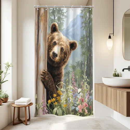 Riyidecor Cortina de ducha de oso pequeño para decoración de baño, 36 pulgadas de ancho x 72 pulgadas de alto, caravana, mitad de vida silvestre,