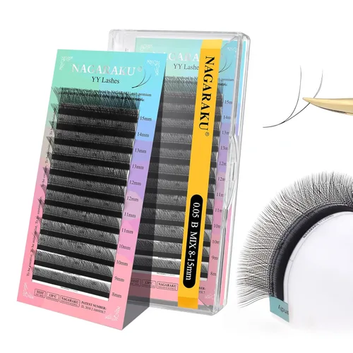 Miniatura 112 de Suministros de extensiones de pestañas NAGARAKU yy, pestañas falsas 0.05mm rizado D, bandeja mixta 8-12mm, prefabricadas 4D, abanico fácil, volumen
