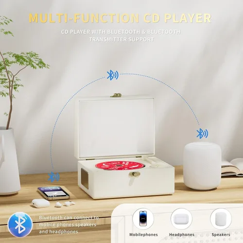 Miniatura 4 de Yintiny Reproductor de CD de cuero recargable con altavoces, transmisor Bluetooth, regalo de festival, reproductor BGM para decoración del hogar
