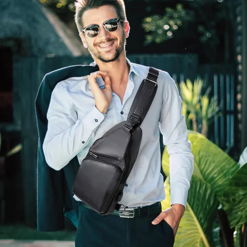 Miniatura 5 de Bolso bandolera de cuero para hombre, impermeable, bandolera con puerto de carga USB, bolsa de hombro, Negro, talla única, Mochilas Sling