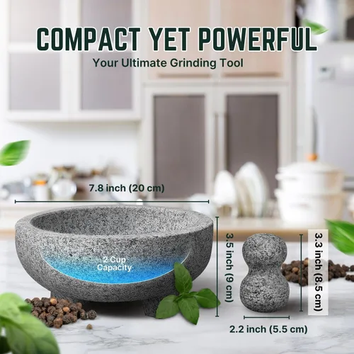 Miniatura 4 de Flexzion Juego de mortero y mortero de granito pequeño – Molinillo de piedra de granito sólido para cuenco de 7.9 pulgadas para guacamole, hierbas