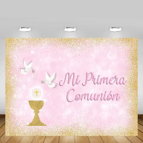 Miniatura 5 de MEHOFOND Telón de fondo de bautismo para niño de 8 x 6 pies, pancarta de bautizo con purpurina dorada para cáliz, palomas de cáliz azul sagrado