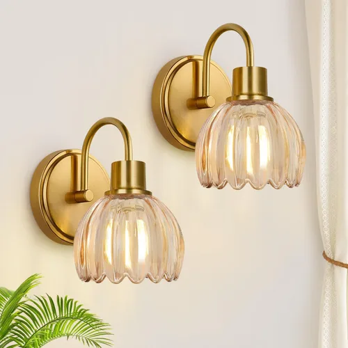Miniatura 14 de Juego de 2 lámparas de tocador de baño en oro cepillado, lámpara de pared de cabeza única con pantalla de vidrio verde acanalado