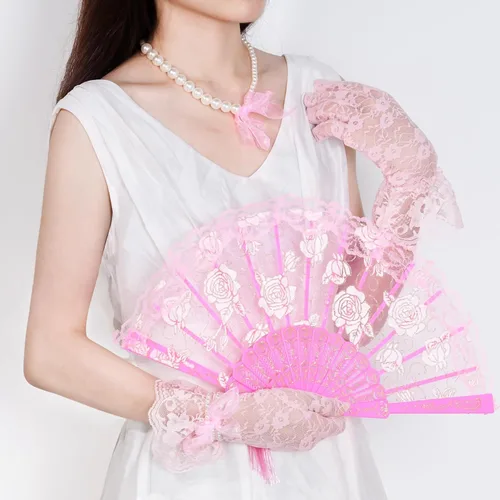 Miniatura 6 de obmwang 5 piezas de suministros de fiesta de té para niñas, guantes de fiesta de té, sombreros para niñas y niños, collar de fiesta de té para Rosa
