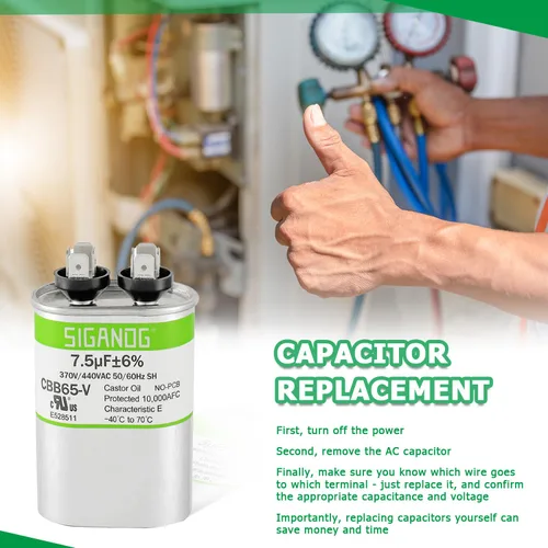 Miniatura 6 de 7.5uF 7.5 MFD 370V o 450V CBB65 Capacitor de Marcha y Arranque 7.5 uF 370 450 Voltios VAC para Condensador de Solo Frío o Bomba de Calor Aire