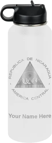 Miniatura 56 de LaserGram Botella de agua personalizada, bandera de Nicaragua, acero inoxidable de doble pared aislada al vacío con popote superior, regalo grabado