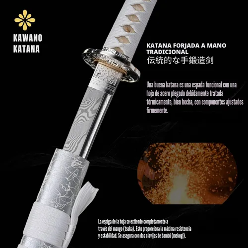 Miniatura 6 de Espada Katana KAWANO, espada japonesa de Damasco de acero plegable hecha a mano, espada samurái de lama completa funcional, mango de Rayskin real